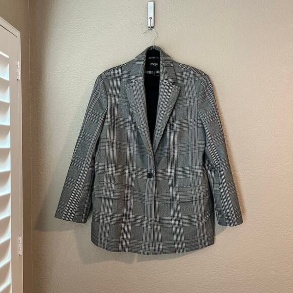 Maje Vaime Plaid Long Length Blazer Gray Black 38 EUR Medium Check Suit Jacket - Picture 3 of 11